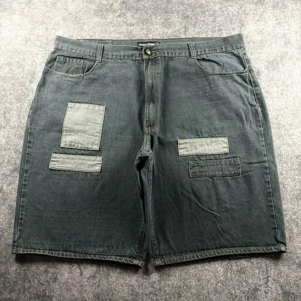 Vintage Sacred Crown Men’s 52 Charcoal Patchwork Denim Jorts Baggy Wide Leg Y2K